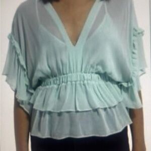 The Kooples Mint Tiered Ruffle V-Neck Blouse